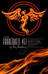 Image: Show logo for Fahrenheit 451. A black background, with an orange phoenix in two red circles. Printed center in white lettering is Fahrenheit 451 by Ray Bradury, along with show information. There are orange flames at the bottom. 