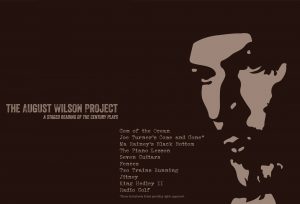 Image: Logo for the August Wilson project. A Dark brown background with the face of August Wilson sketched in light brown relief to the right. The words The August Wilson project are printed in light brown to the left.