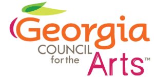 Logo for Georgia Council for the Arts. The word Georgia is in peach writing at the top, and to the left top of the word Georgia is a peach with two green leaves. Council for the is written in brown text below the word Georgia, and the word Arts is in magenta font at the bottom. 