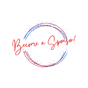 Red and blue circle with Become a Sponsor written in cursive writing.