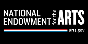 Logo for the National Endowment for the Arts. A black landscape rectangle that says National endowment for the Arts in white font. At the bottom center are red, white and blue lines that says arts.gov to the right.