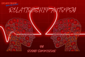 Show logo for Relationship Autopsy. A top to bottom red to dark red gradient background with the Live Arts logo in the upper right corner. The logo says Live Arts Theatre in red stencil font and Where the Arts live in blue cracked font below it at an angle sloping upward from left to right. Top center says Relationship autopsy in red neon handwriting font. Center on the graphic is a red neon heart in the style of an EKG with two heads in profile facing each other. The heads are made of gears. Bottom center says By Robyn Summerour, also in red neon handwriting font.