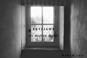 Show logo for Skylight. A black and white photo of a window with the words Skylight by David Hare printed on it in black font.