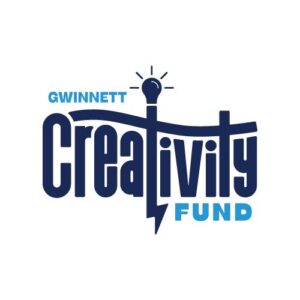 Logo for the Gwinnett Creativity Fund. The word Gwinnett is printed in small blue type at the top. The word Creativity is in the center in black font. There is a lightbulb dotting the "i" in creativity and a lightening bolt coming out of the bottom of the same letter. The word Fund appears at the bottom in the same blue type as the word Gwinnett.